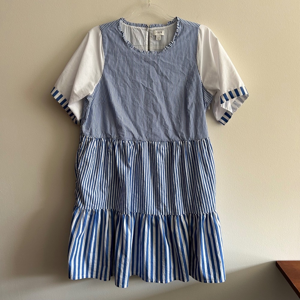 J.Crew Factory Tiered Dress Blue White 14 Striped Ruffle Neck Short Sleeve